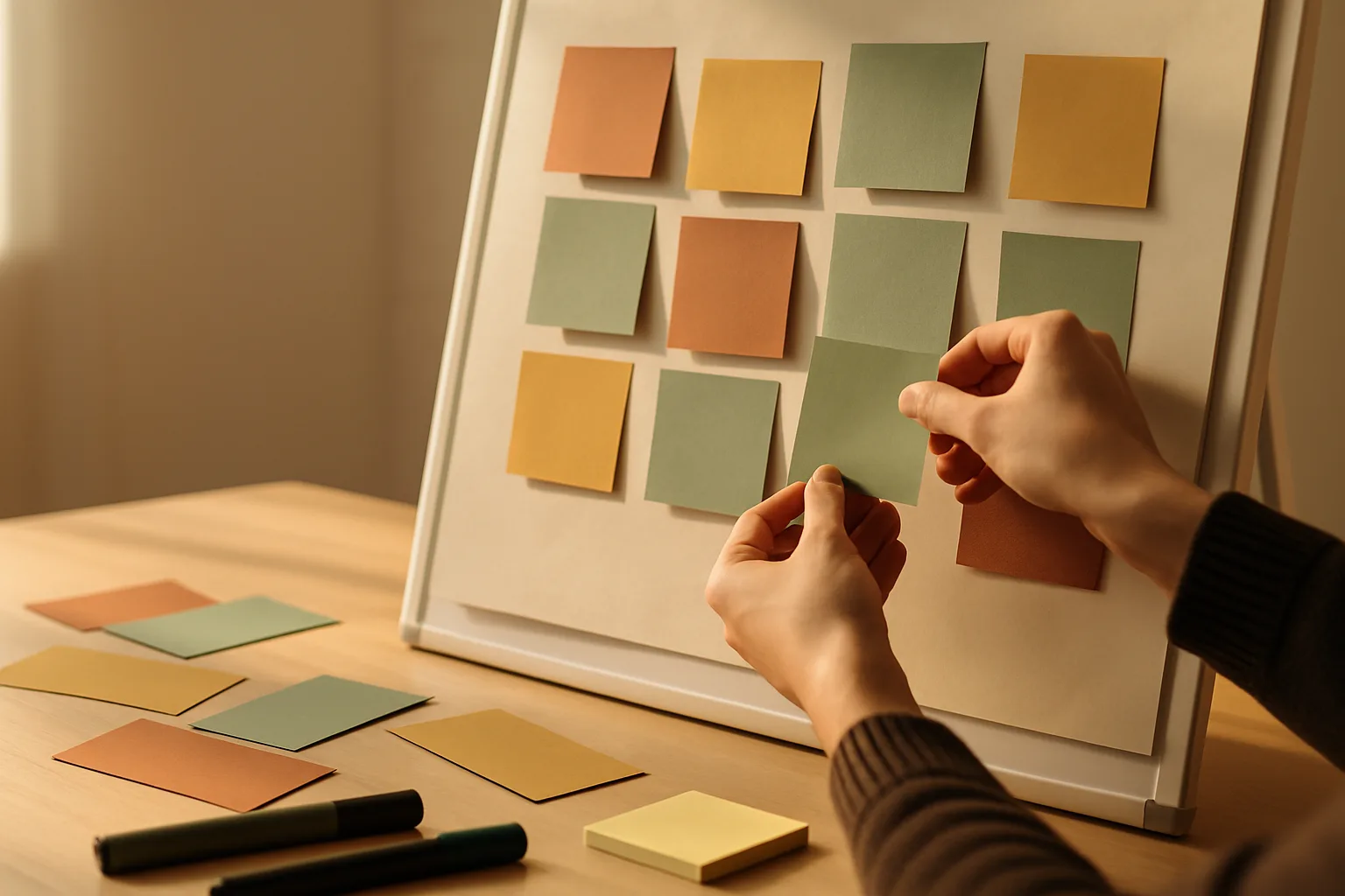 Flipchart voller Haftnotizen, eine Hand klebt eine weitere dazu: die Sammelphase im Brainstorming