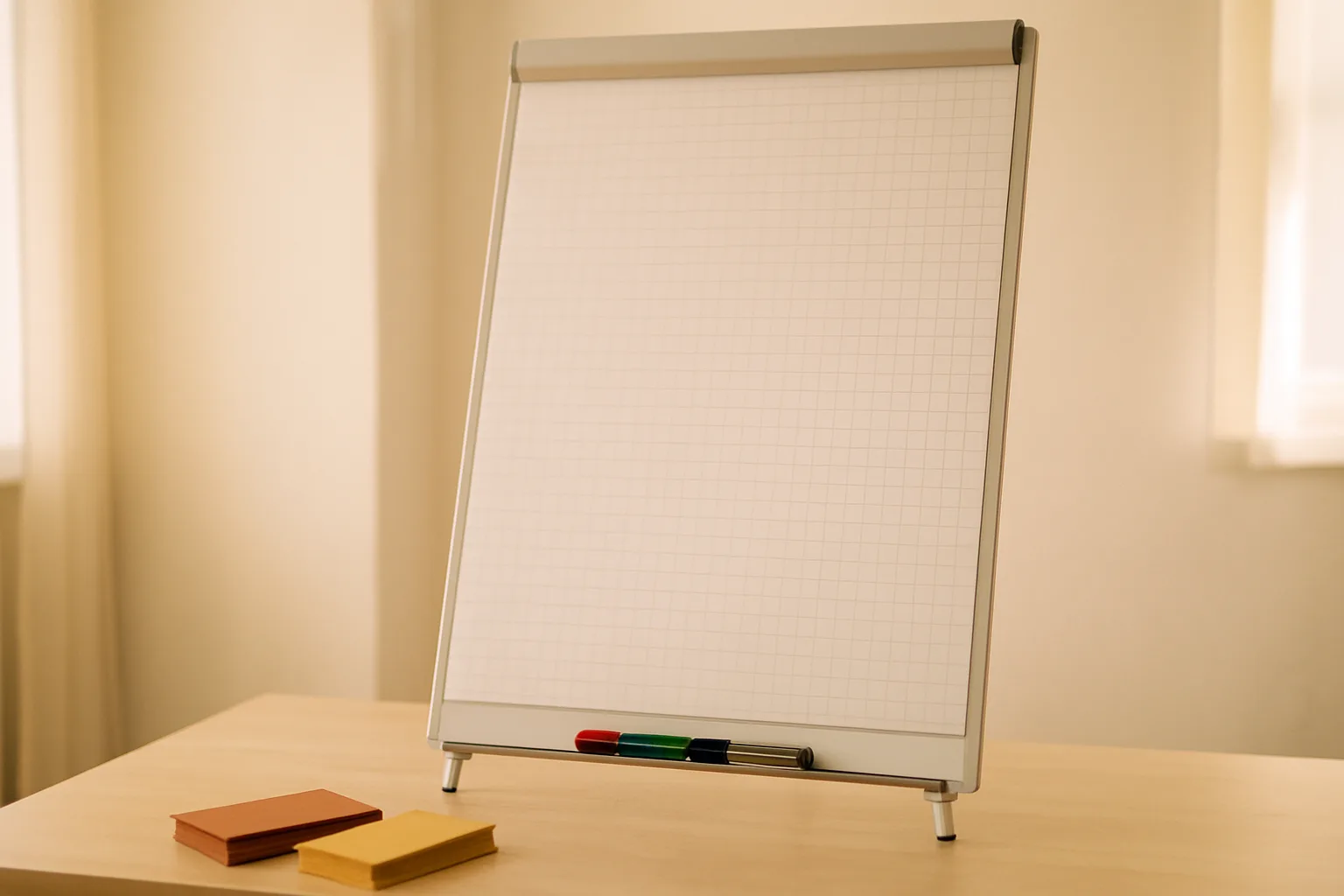 Flipchart mit leerem kariertem Bogen in einem hellen Raum, vier Marker in der Ablage