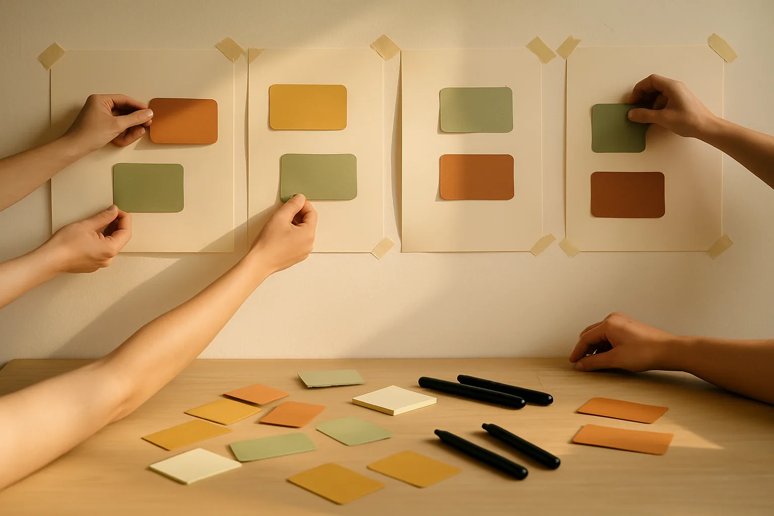 Vier Bögen mit Kreppband an einer hellen Wand, Hände heften Moderationskarten darauf, davor ein Tisch mit Karten und Stiften: die Galerie an der Wand