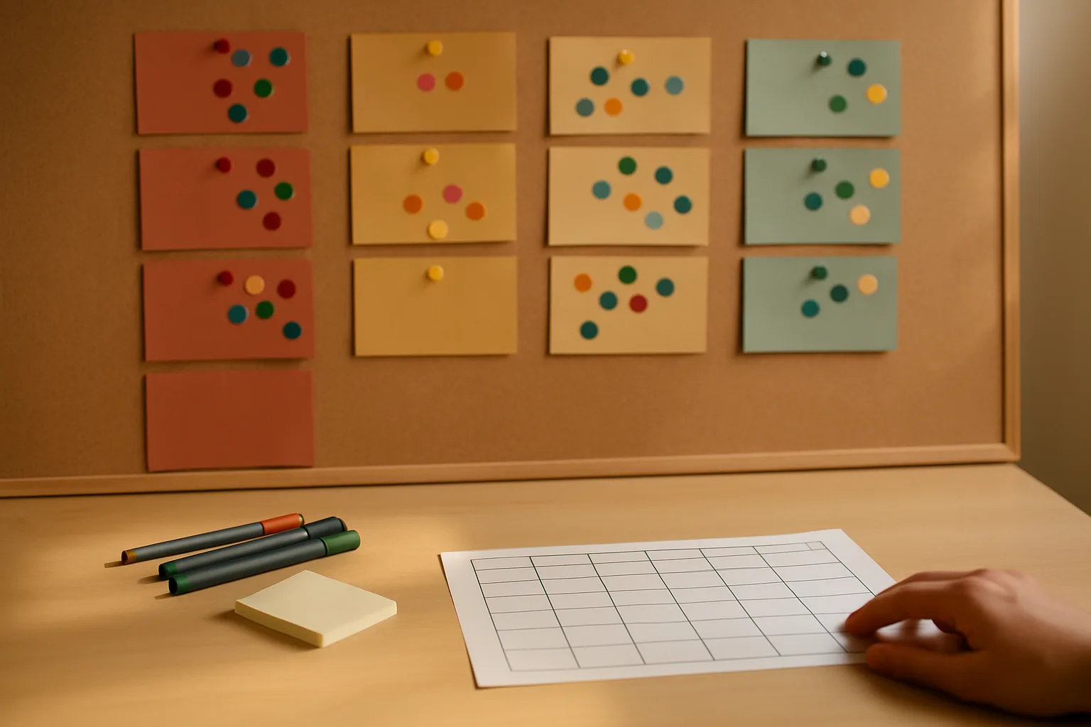 Pinnwand mit Moderationskarten in Spalten, auf jeder Karte kleben bunte Punkte, davor eine leere Tabelle auf Papier: Punktabfrage und Nutzwertanalyse