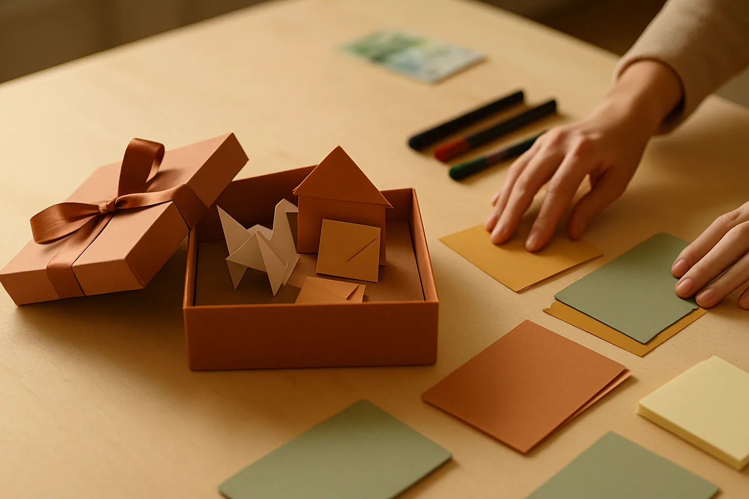 Geschenkschachtel mit gefalteten Papierfiguren und kleinen Umschlägen