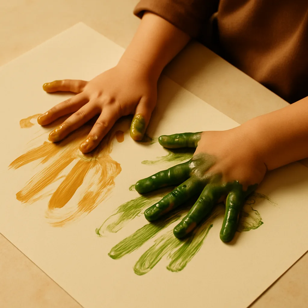 Kinderhände mit Fingerfarbe in Ocker und Grün auf einem Blatt Papier: Material ohne vorgegebenen Zweck