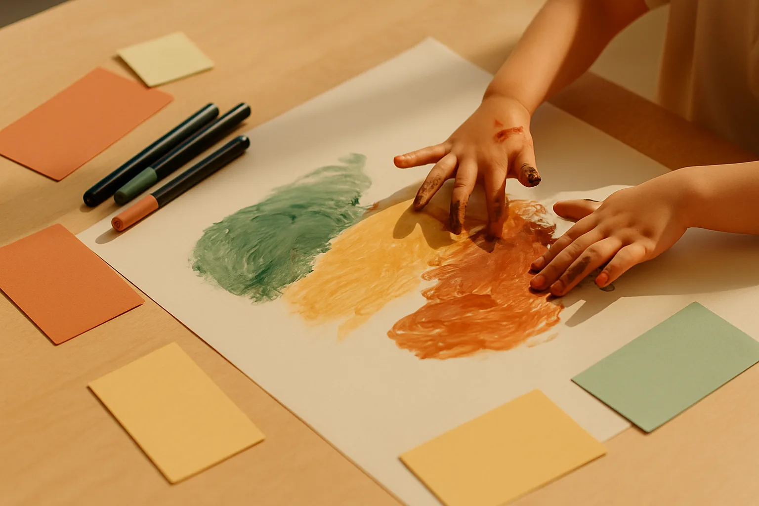 Kinderhände malen mit Fingerfarben auf einem großen Blatt