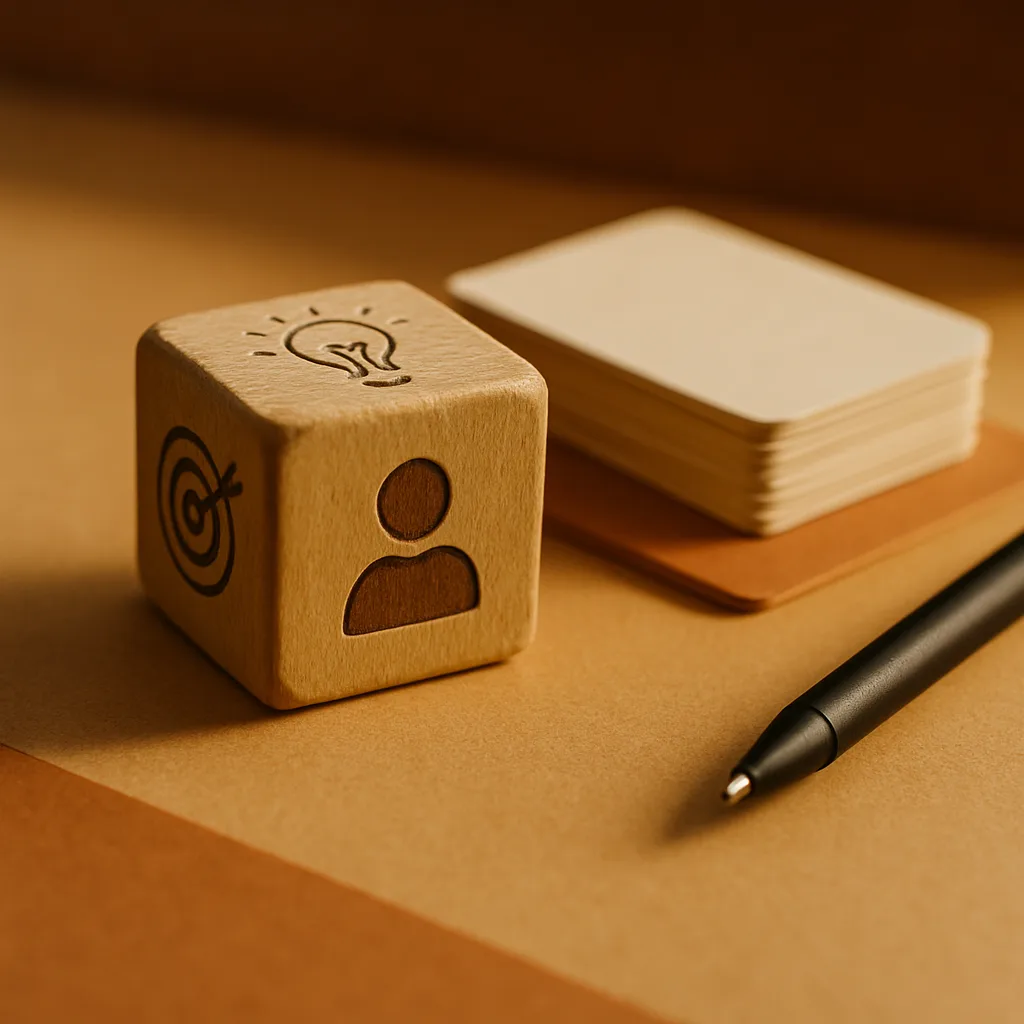 Ein Holzwürfel mit einfachen Symbolen neben einem kleinen Kartenstapel und einem Stift: Material für eine tägliche Übung mit Verfahren