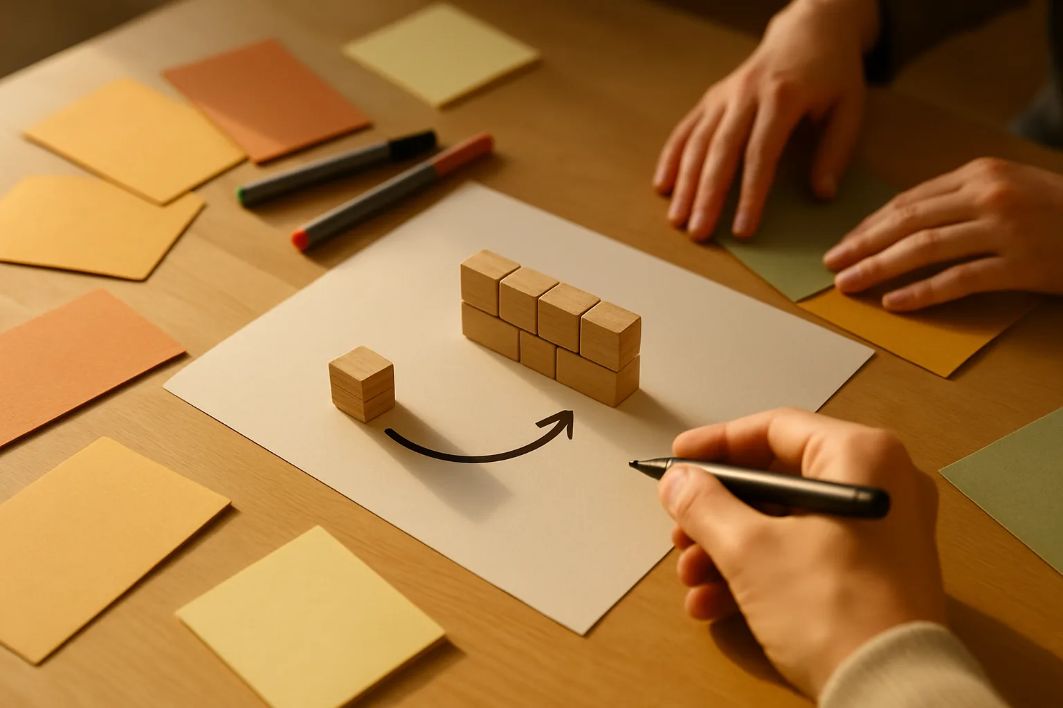 Ein Blatt Papier auf einem Holztisch, darauf eine kleine Mauer aus Holzklötzen und ein gezeichneter Pfeil, der um sie herumführt, eine Hand mit Stift: der Umweg um die Annahme