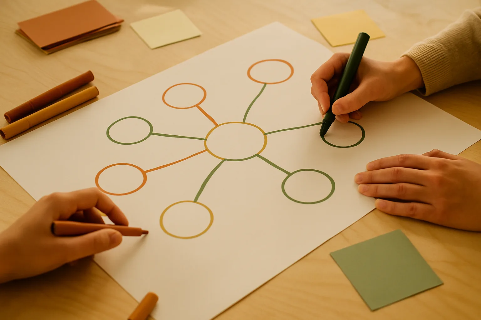Handgezeichnete Mindmap aus farbigen Ästen auf einem großen Blatt, Stifte daneben