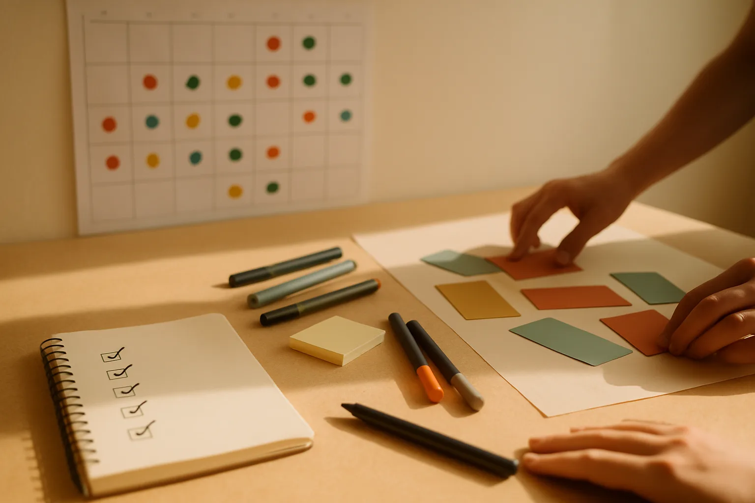 Kalender mit Klebepunkten und Notizbuch mit Häkchen: Ziele sichtbar machen