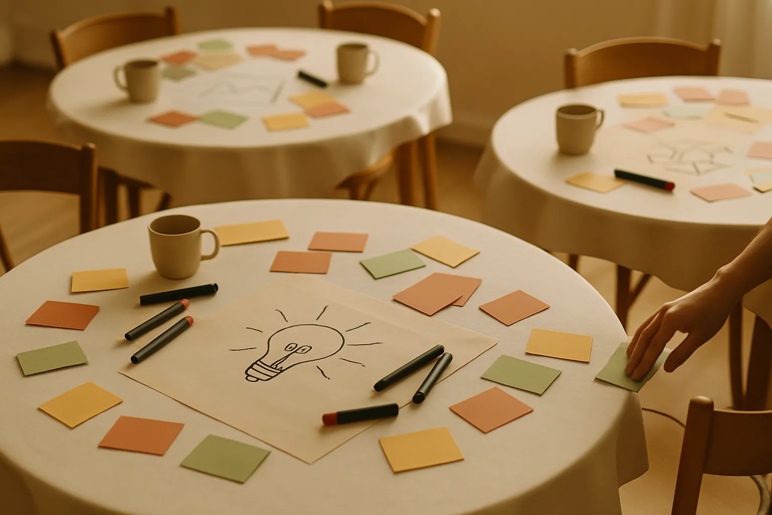 Runde Tische mit beschreibbaren Papiertischdecken und Stiften: der Raum für ein World Café
