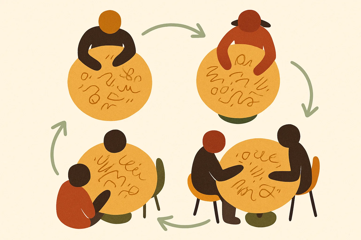 Illustration mehrerer Cafétische mit wechselnden Gesprächsrunden